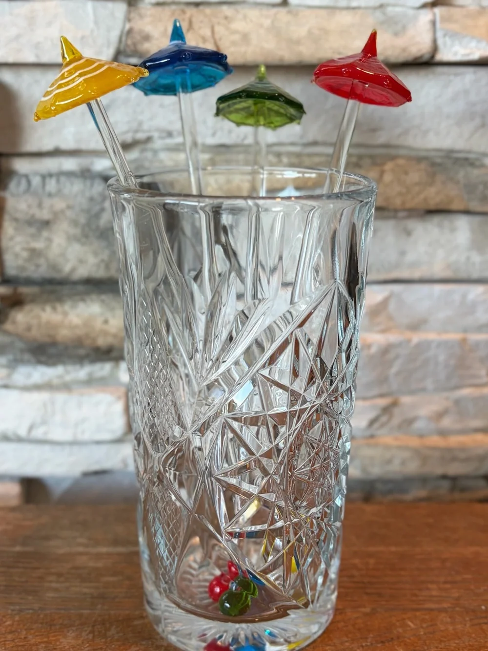 Swizzle stir sticks glass umbrellas colorful festive 4 Barware